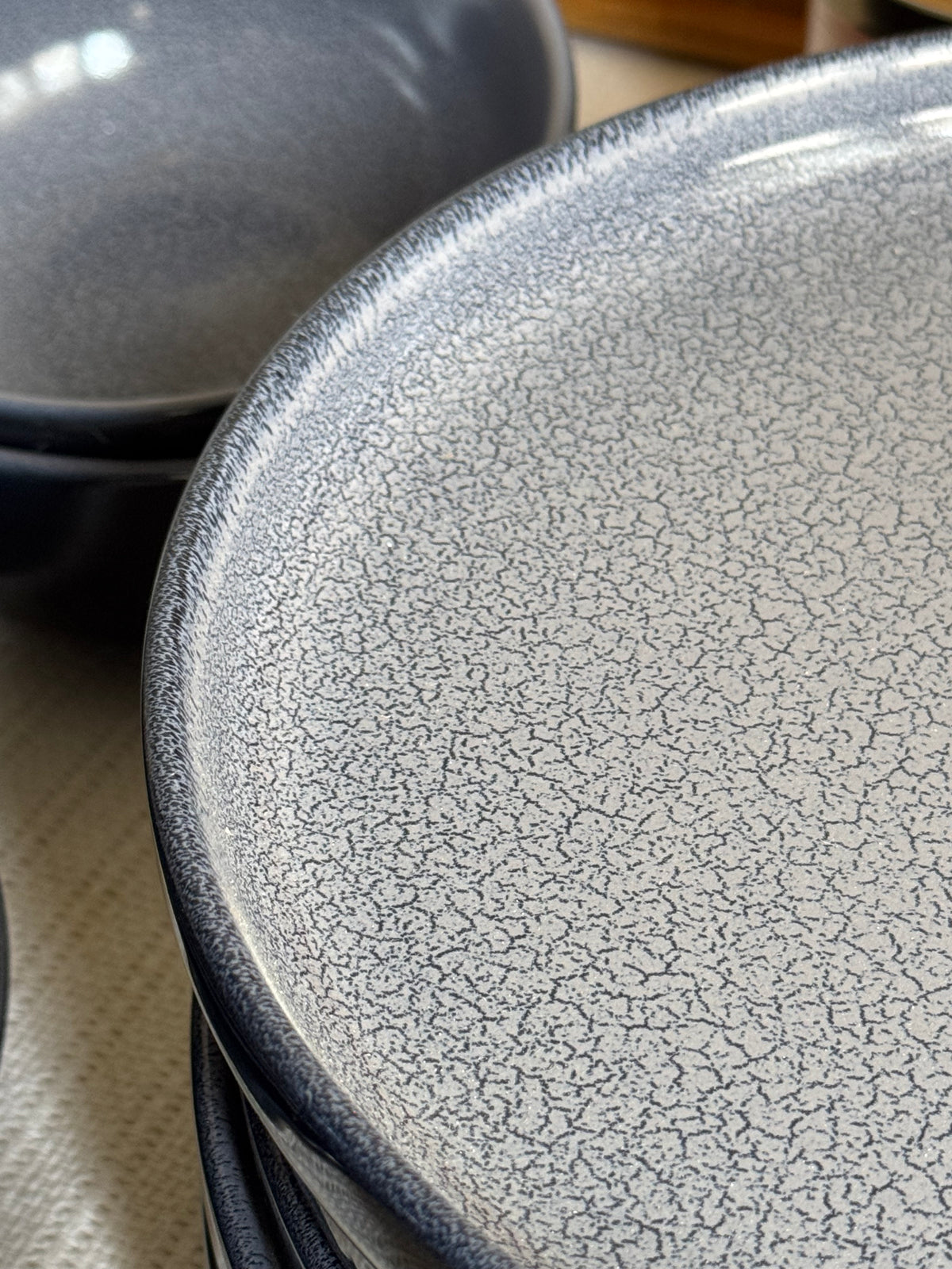 Noir Terra Dinner Set — reactive glaze finish in deep grey & blue with a dry lake crackle pattern | Shape N Style Home