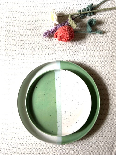Sage Meadow Dinner Plate — two-tone matte finish in sage green & white with speckled detailing | Shape N Style Home