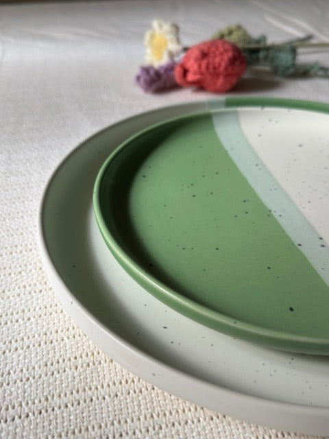 Sage Meadow Dinner Plate — two-tone matte finish in sage green & white with speckled detailing | Shape N Style Home