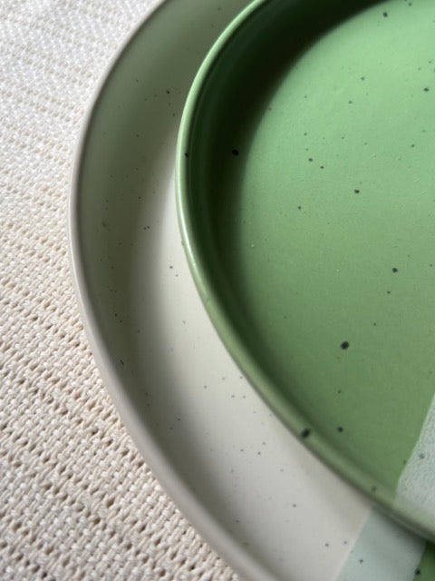 Sage Meadow Dinner Plate — two-tone matte finish in sage green & white with speckled detailing | Shape N Style Home