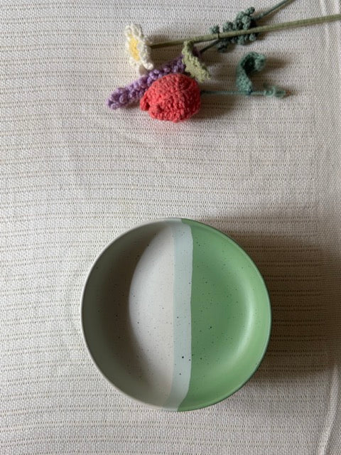 Sage Meadow Rice Bowl — two-tone matte finish in sage green & white with speckled detailing | Shape N Style Home