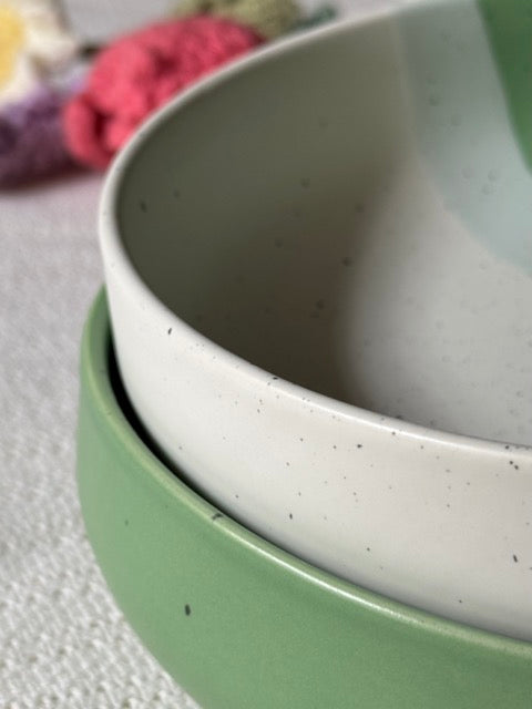 Sage Meadow Rice Bowl — two-tone matte finish in sage green & white with speckled detailing | Shape N Style Home