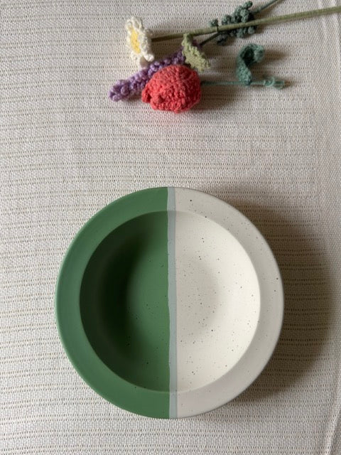 Sage Meadow Soup Bowl — two-tone matte finish in sage green & white with speckled detailing | Shape N Style Home