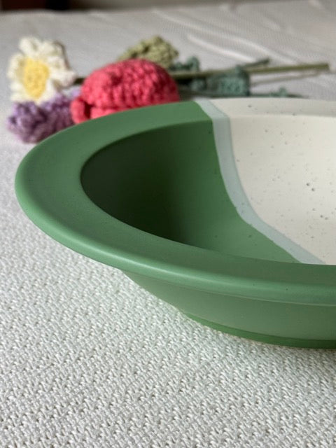 Sage Meadow Soup Bowl — two-tone matte finish in sage green & white with speckled detailing | Shape N Style Home