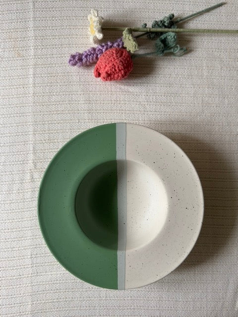 Sage Meadow Pasta Bowl — two-tone matte finish in sage green & white with speckled detailing | Shape N Style Home