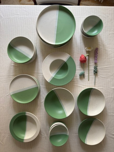 Sage Meadow Dinner Set — two-tone matte finish in sage green & white with speckled detailing | Shape N Style Home