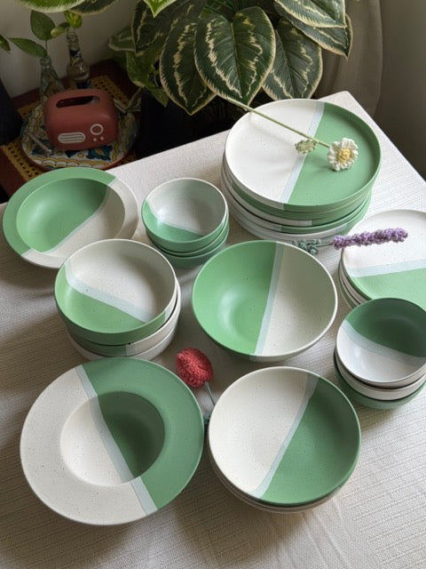 Sage Meadow Dinner Set — two-tone matte finish in sage green & white with speckled detailing | Shape N Style Home