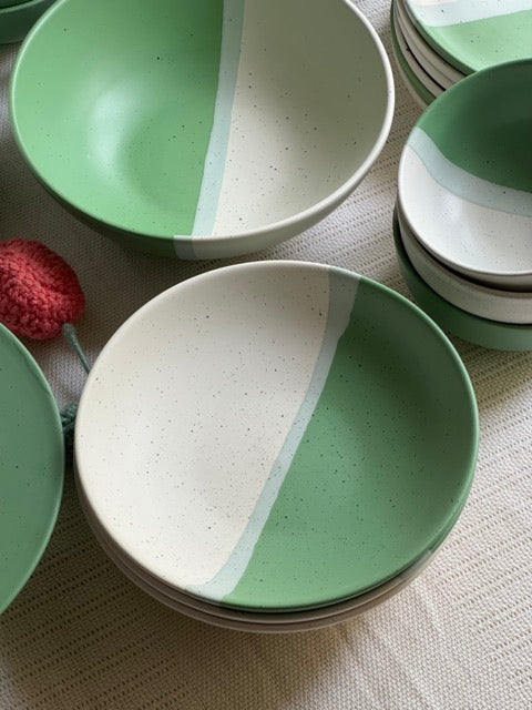 Sage Meadow Dinner Set — two-tone matte finish in sage green & white with speckled detailing | Shape N Style Home