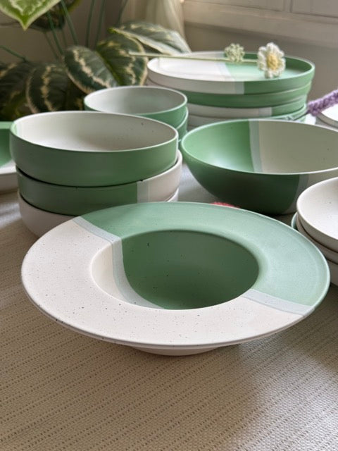 Sage Meadow Dinner Set — two-tone matte finish in sage green & white with speckled detailing | Shape N Style Home