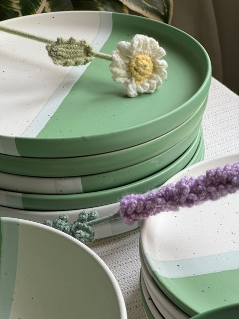 Sage Meadow Dinner Set — two-tone matte finish in sage green & white with speckled detailing | Shape N Style Home
