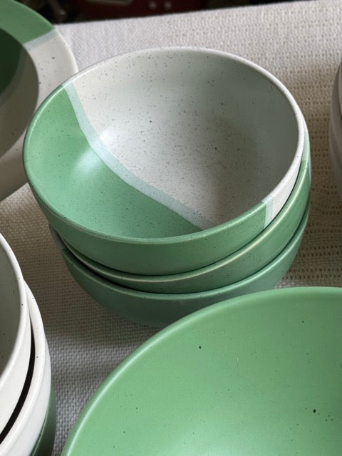 Sage Meadow Dinner Set — two-tone matte finish in sage green & white with speckled detailing | Shape N Style Home