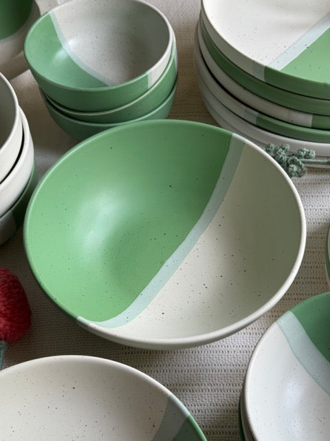 Sage Meadow Dinner Set — two-tone matte finish in sage green & white with speckled detailing | Shape N Style Home