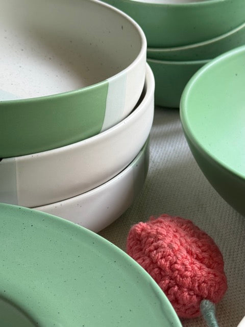 Sage Meadow Dinner Set — two-tone matte finish in sage green & white with speckled detailing | Shape N Style Home