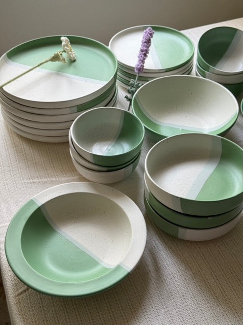 Sage Meadow Dinner Set — two-tone matte finish in sage green & white with speckled detailing | Shape N Style Home
