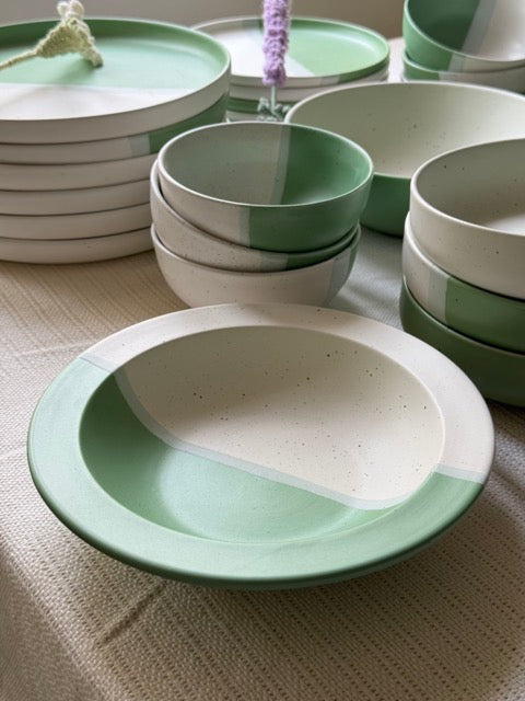 Sage Meadow Dinner Set — two-tone matte finish in sage green & white with speckled detailing | Shape N Style Home