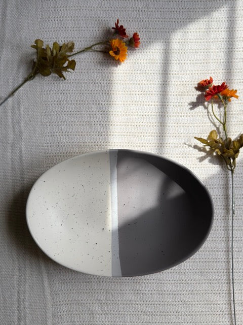 Ashen Pearl Gravy Platter — two-tone ash grey & pearl white matte finish | Shape N Style Home
