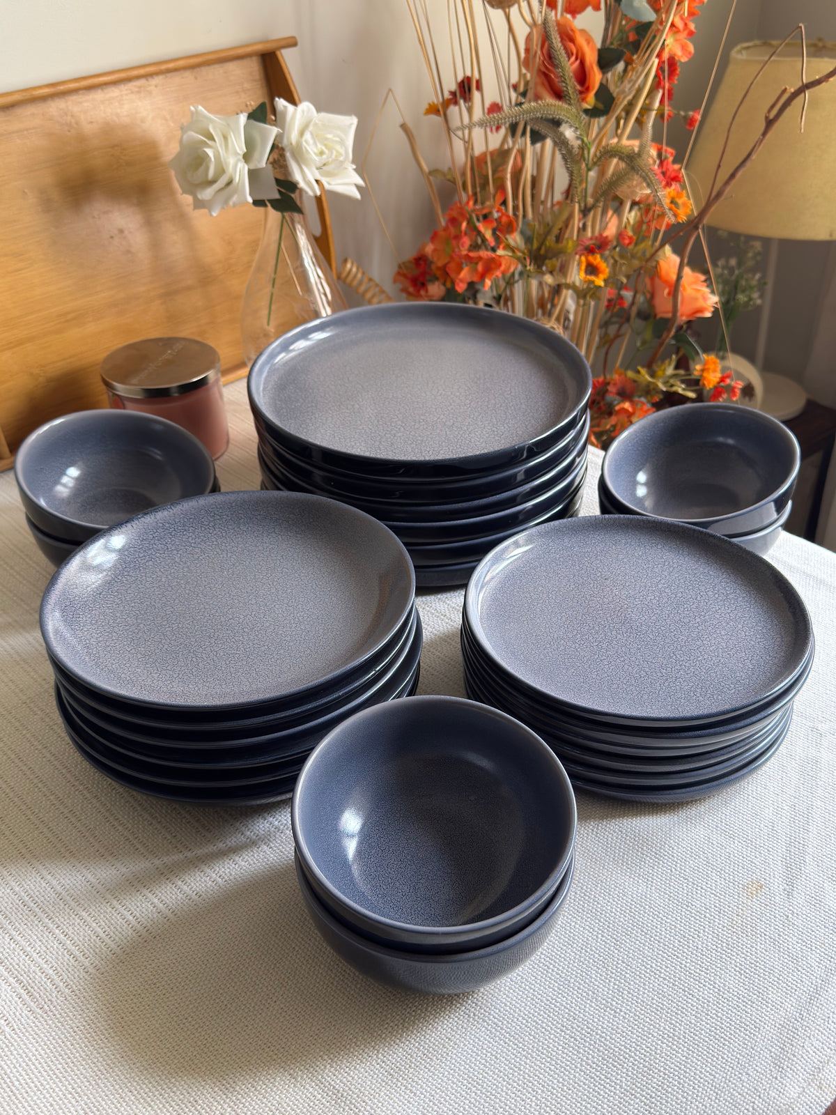 Noir Terra Dinner Set — reactive glaze finish in deep grey & blue with a dry lake crackle pattern | Shape N Style Home