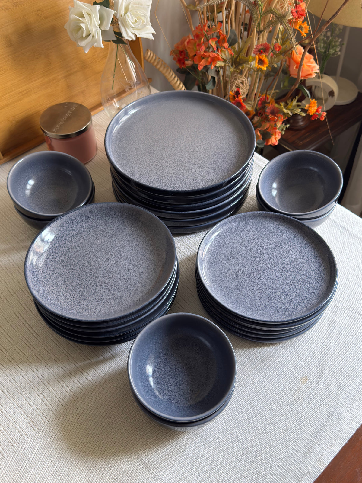 Noir Terra Dinner Set — reactive glaze finish in deep grey & blue with a dry lake crackle pattern | Shape N Style Home