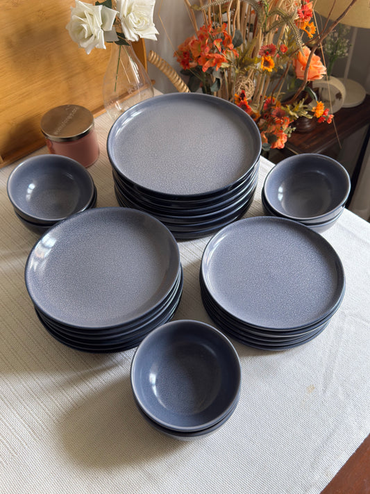 Noir Terra Dinner Set — reactive glaze finish in deep grey & blue with a dry lake crackle pattern | Shape N Style Home