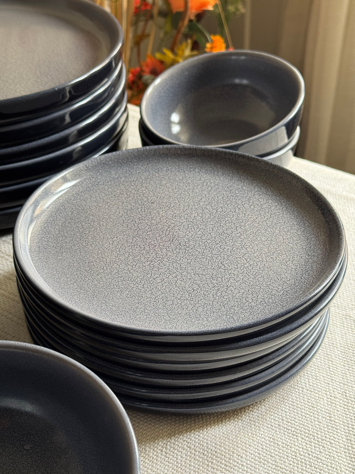 Noir Terra Dinner Set — reactive glaze finish in deep grey & blue with a dry lake crackle pattern | Shape N Style Home