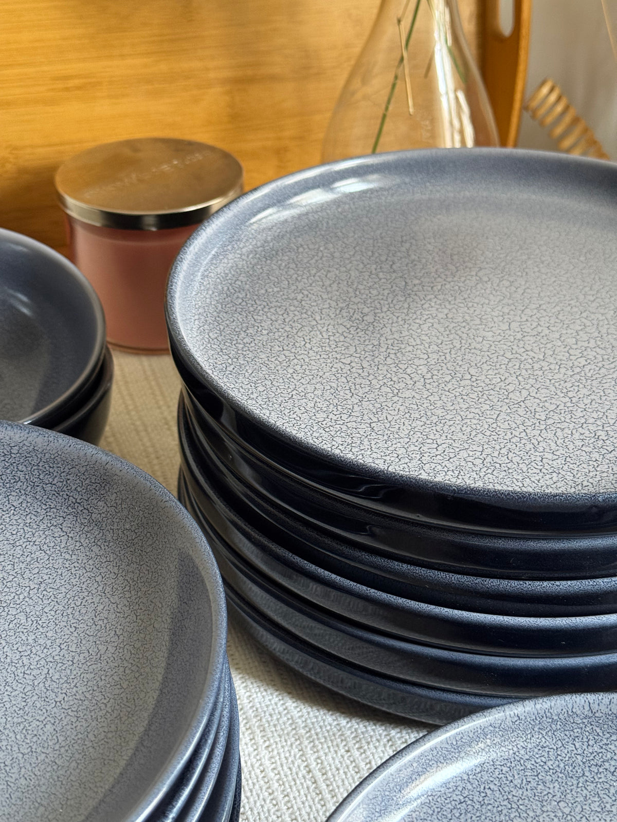 Noir Terra Dinner Set — reactive glaze finish in deep grey & blue with a dry lake crackle pattern | Shape N Style Home