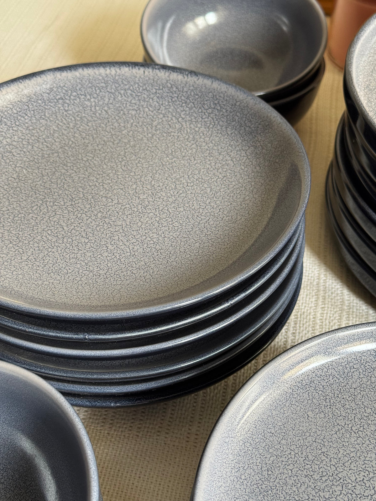 Noir Terra Dinner Set — reactive glaze finish in deep grey & blue with a dry lake crackle pattern | Shape N Style Home