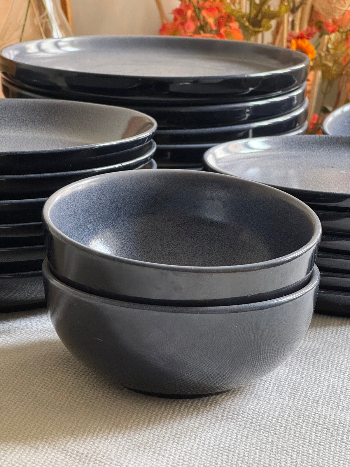 Noir Terra Dinner Set — reactive glaze finish in deep grey & blue with a dry lake crackle pattern | Shape N Style Home