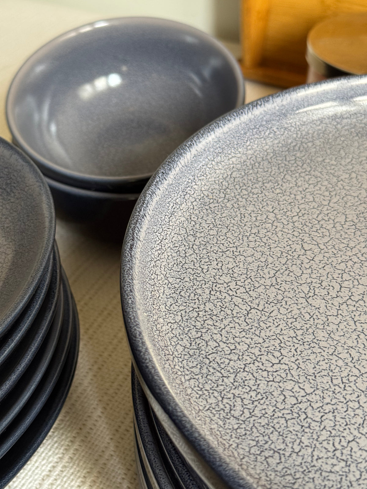 Noir Terra Dinner Set — reactive glaze finish in deep grey & blue with a dry lake crackle pattern | Shape N Style Home