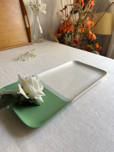 Sage Meadow Serving Platter — two-tone matte finish in sage green & white with speckled detailing | Shape N Style Home